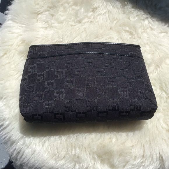 St. John Black Jacquard Monogrammed Silk Clutch with Leather Trim Top Zip Italy